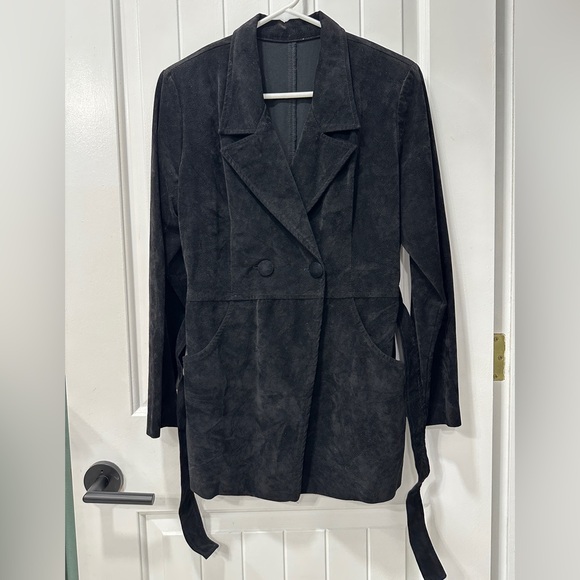 Women's Black Double-Breasted Suede Jacket - Picture 1 of 4
